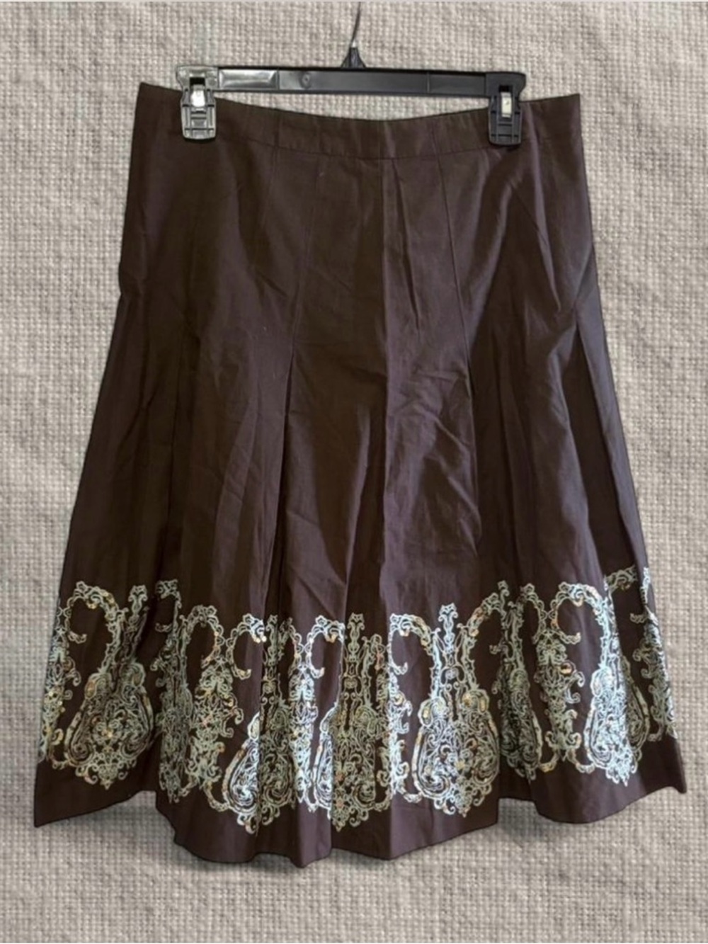 Tommy Hilfiger Brown Sequin A-Line Skirt with Icy Blue Embroidery 100% Cotton